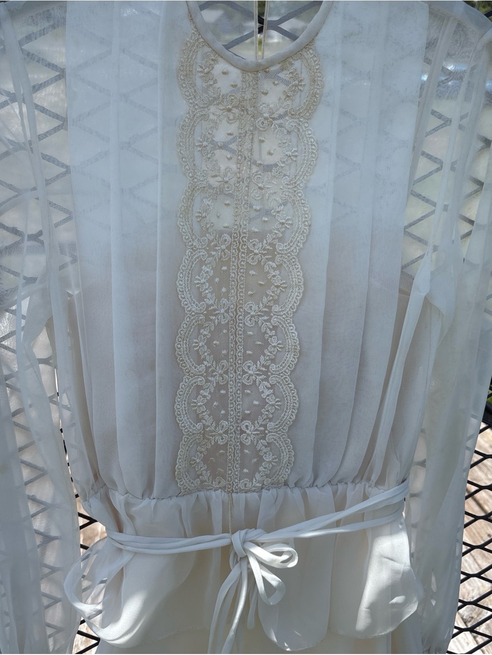 Sheer Lace-Trim Maxi Dress in Cream with Tie Waist Vintage 1970s - Picture 5 of 12